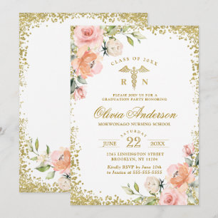 Rosa Blumengold Glitzer Abschluss der Krankenpfleg Einladung