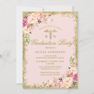 Rosa Blumengold Glitzer Abschluss der Krankenpfleg Einladung