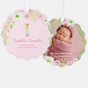 Rosa Blumengoldbuchstabe "I" Monogram Birth States Ornament Karte