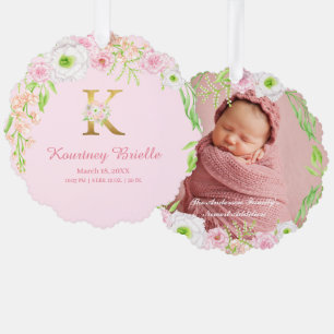 Rosa Blumengoldbuchstabe "K" Monogram Birth States Ornament Karte
