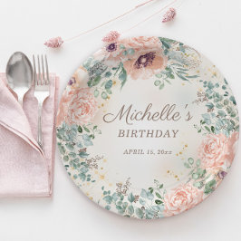 Rosa Blumengrün Blattgold Glitzer Geburtstag Pappteller