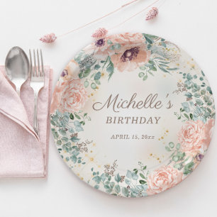 Rosa Blumengrün Blattgold Glitzer Geburtstag Pappteller