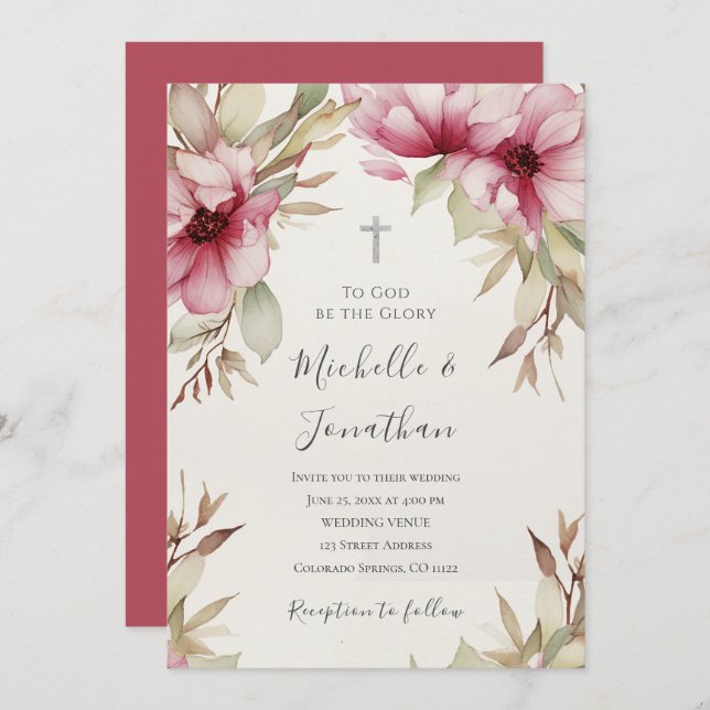 Rosa Blumengrün Christliche Cross Wedding Einladung (Vorne/Hinten)