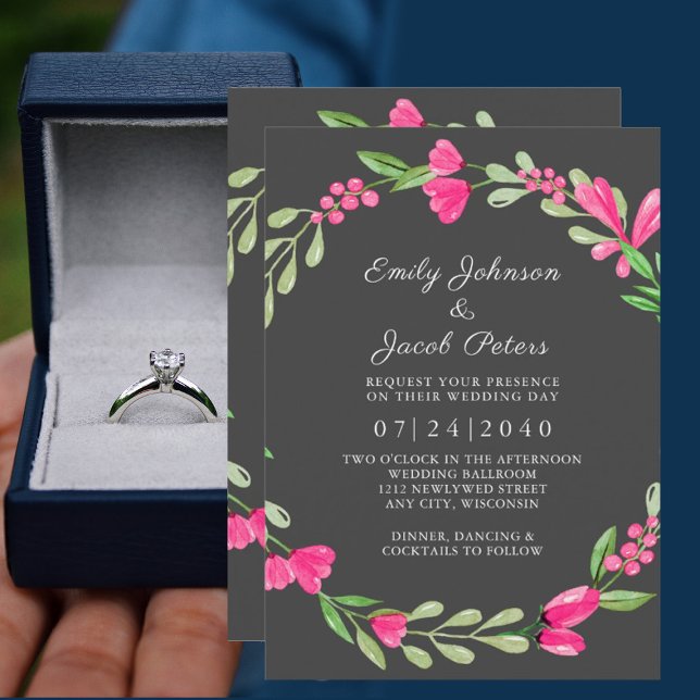 Rosa Blumengrün Dunkelgrau Elegante Hochzeit Ankündigung (Von Creator hochgeladen)