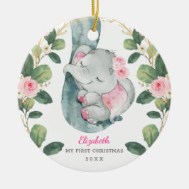 Rosa Blumengrün Elephant Baby 1. Weihnachten Keramik Ornament