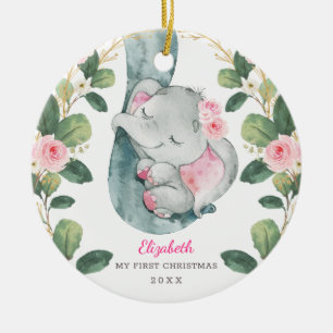 Rosa Blumengrün Elephant Baby 1. Weihnachten Keramik Ornament