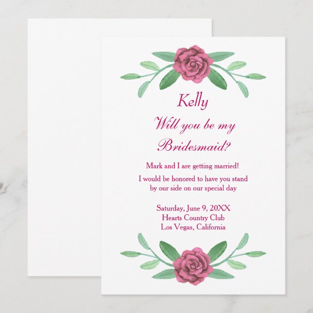 Rosa Blumengrün Foliage Bridesmaid Card Einladung (Vorne/Hinten)