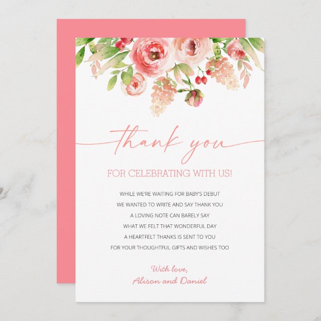 Rosa Blumengrün Girl Babydusche Dankeskarte (Vorne/Hinten)