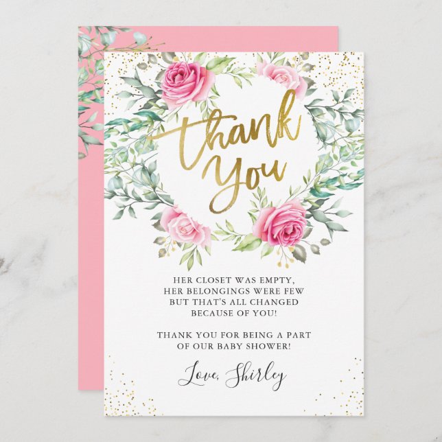 Rosa Blumengrün Gold Script Baby Dusche Dankeskarte (Vorne/Hinten)
