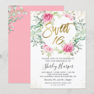 Rosa Blumengrün Gold Script Sweet 16 Geburtstag Einladung