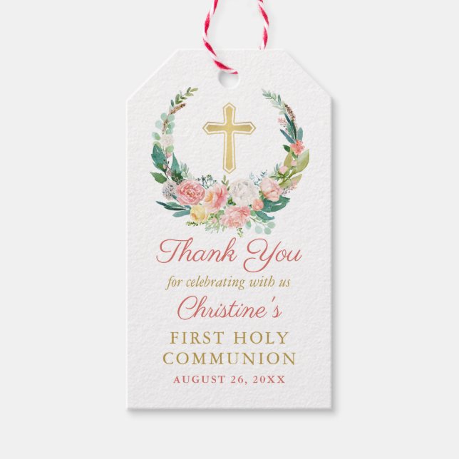 Rosa Blumengrün Kraut Erste Heilige Kommune Geschenkanhänger (Vorderseite)