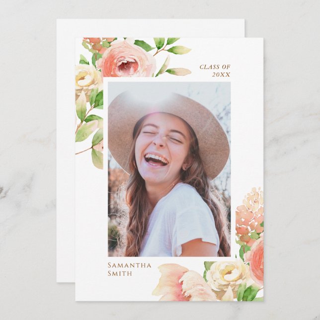 Rosa Blumengrün Rosa Elegantes Foto Abschluss Ankündigung (Vorne/Hinten)