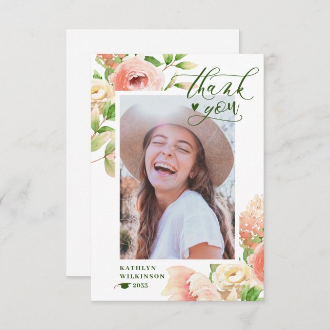 Rosa Blumengrün Rosa Elegantes Foto Abschluss Dankeskarte (Vorne/Hinten)