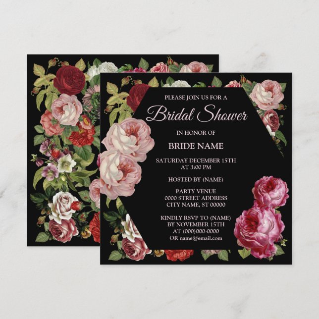 Rosa Blumengrün Schwarzes Brautparty Party Einladung (Vorne/Hinten)