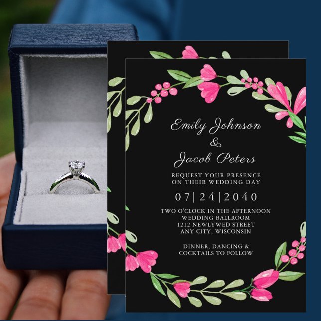 Rosa Blumengrün über Schwarz Elegance Hochzeit Ankündigung (Von Creator hochgeladen)