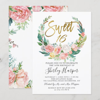Rosa Blumengrün Wreath Gold Script Sweet 16 Einladung