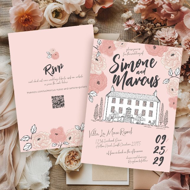 Rosa Blumenhandgezeichnet Toskana Villa Einzigarti Einladung (Unique hand drawn pink floral quirky Italian villa manor QR elegant illustrated wedding invitation)
