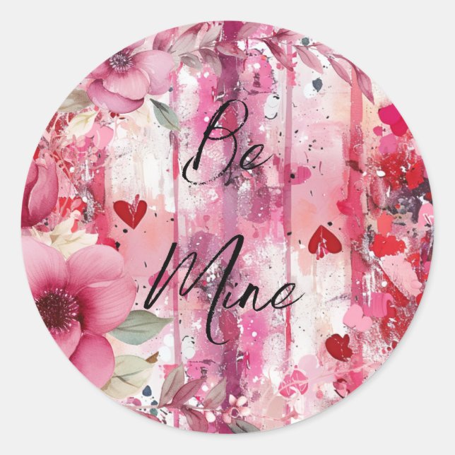 Rosa Blumenherzen Valentine Runder Aufkleber (Vorderseite)