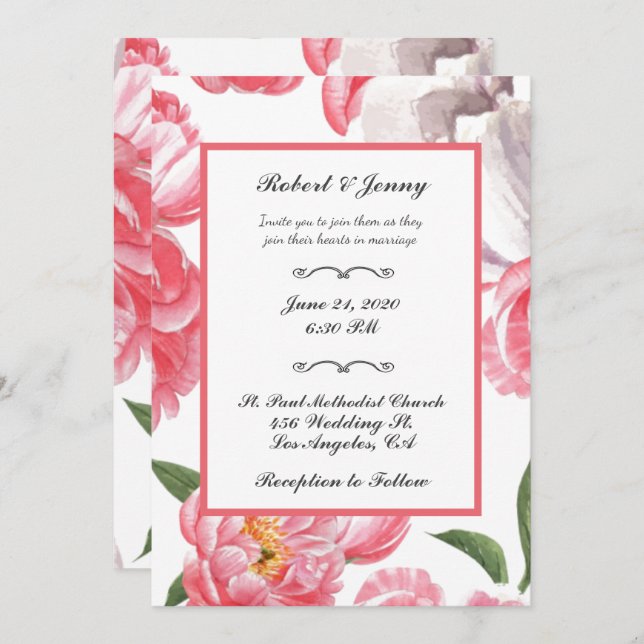 Rosa Blumenhochzeit Einladung (Vorne/Hinten)