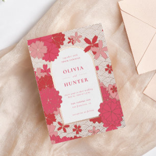 Rosa Blumenhochzeit Folieneinladung