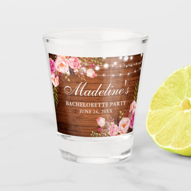 Rosa Blumenholz Junggeselinnen-Abschied Schnapsglas (Vorderseite)