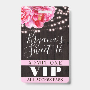 Rosa Blumenholz-Lichterkette Sweet 16 VIP-Pass Ausweis