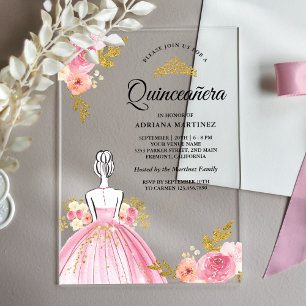Rosa Blumenkleid Princess Gold Quinceanera Acryleinladungen