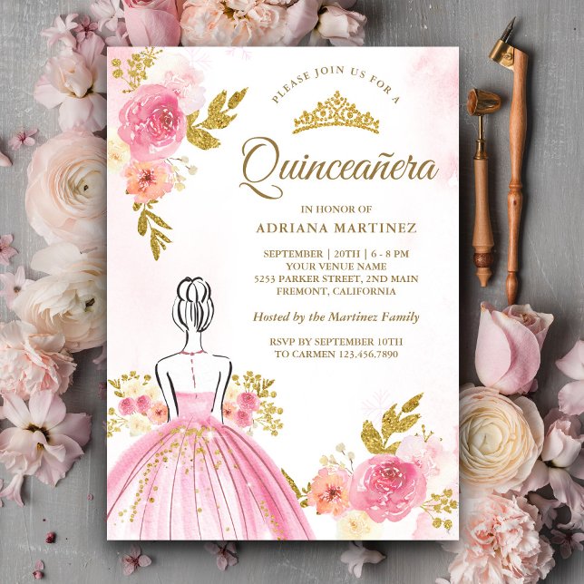 Rosa Blumenkleid Princess Gold Quinceanera Einladung (Von Creator hochgeladen)