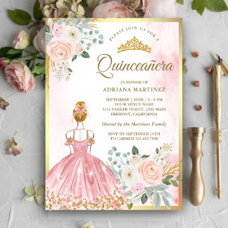 Rosa Blumenkleid Princess Gold Quinceanera Einladung