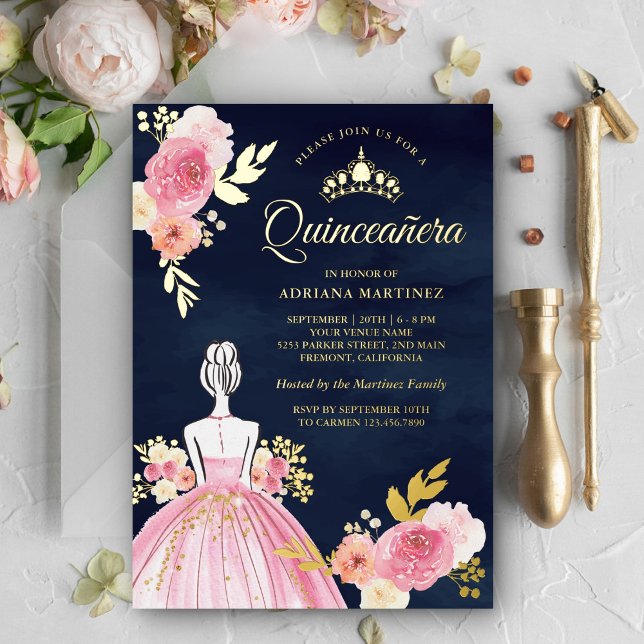 Rosa Blumenkleid Princess Navy Quinceanera Gold Folieneinladung (Von Creator hochgeladen)