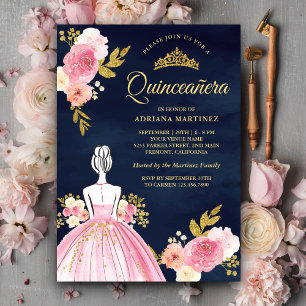 Rosa Blumenkleid Prinzessin Marineblau Quinceanera Einladung