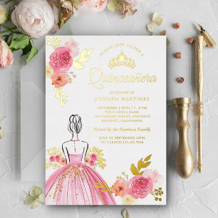 Rosa Blumenkleid Prinzessin Quinceanera Gold Folieneinladung