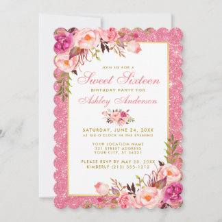 Rosa Blumenkohl Glitzer Sweet 16 Birthday Invite S Einladung