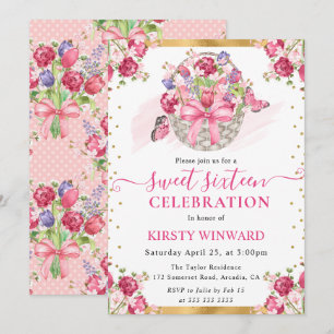 Rosa Blumenkorb und Schmetterlinge Sweet Sixteen Einladung