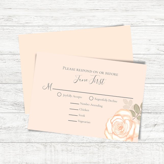 Rosa Blumenkost Wahl Hochzeitsfeier RSVP Karte (Peach floral wedding RSVP response card with elegant watercolor rose.)