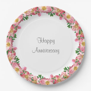 Rosa Blumenkranz auf Weiß zum Happy Anniversary Pappteller