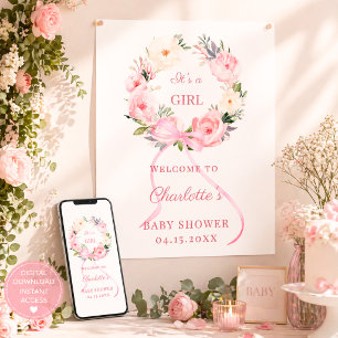 Rosa Blumenkranz Baby Shower Begrüßung Poster