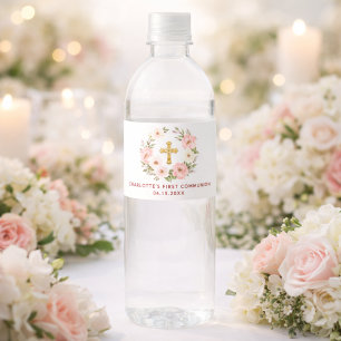 Rosa Blumenkranz Erstkommunion Wasserflaschenetikett