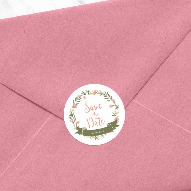 Rosa Blumenkranz Save the Date Runder Aufkleber (Von Creator hochgeladen)