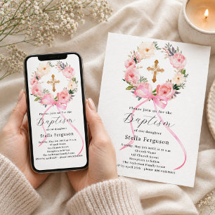 Rosa Blumenkranz-Schleife Kreuz Mädchen-Taufe Einladung