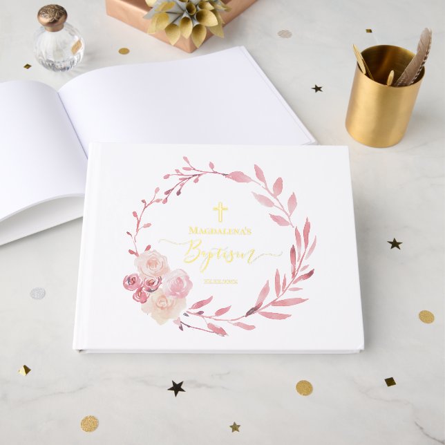 Rosa Blumenkranz Taufe Gästebuch (Vorderseite offen)