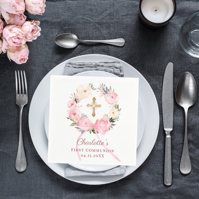 Rosa Blumenkranzbogen Erstkommunion Mittagessen Serviette (Von Creator hochgeladen)