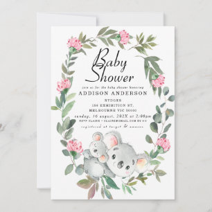 Rosa Blumenkraut Koala Bear Babydusche Einladung