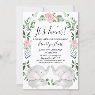 Rosa Blumenkreide Elefanten Zwillingsdusche Einladung