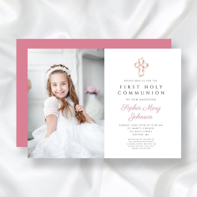 Rosa Blumenkreuz Foto der ersten Kommune Einladung (Pink Floral Cross Girl First Communion Photo Invitation)