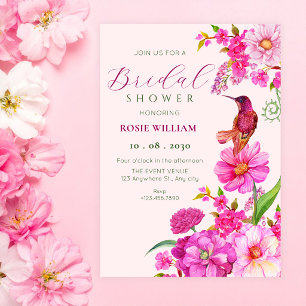 Rosa Blumenkunst Kolibri Brautparty Einladung