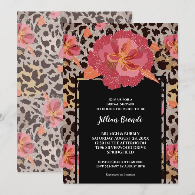 Rosa Blumenleopard Tierdruckerei Brautparty Einladung (Vorne/Hinten)