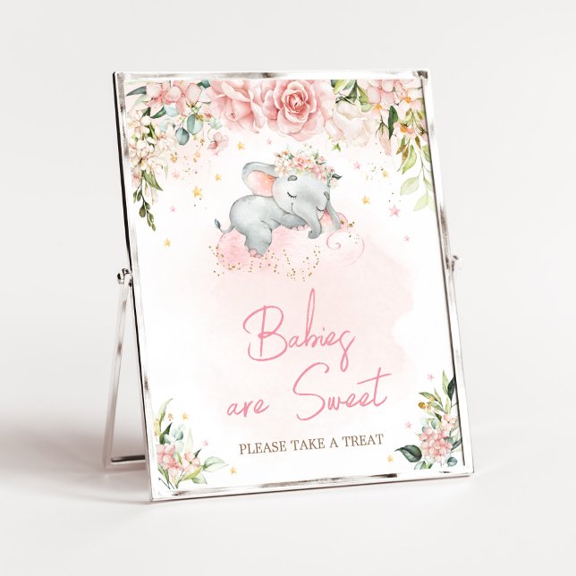 Rosa Blumenlephant Babys sind süß Poster (Pink Floral Sleeping Elephant Baby Shower Babies are Sweet Sign)