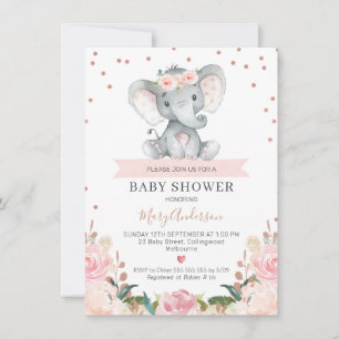 Rosa Blumenmädchen Elephant Babydusche Einladung