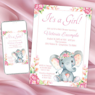 Rosa Blumenmädchen Elephant Babydusche Einladung